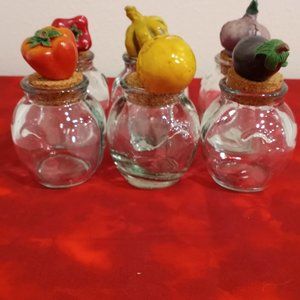 Vintage Spice Jars Cork Vegetable Decorated Stoppers. Glass (6) Set